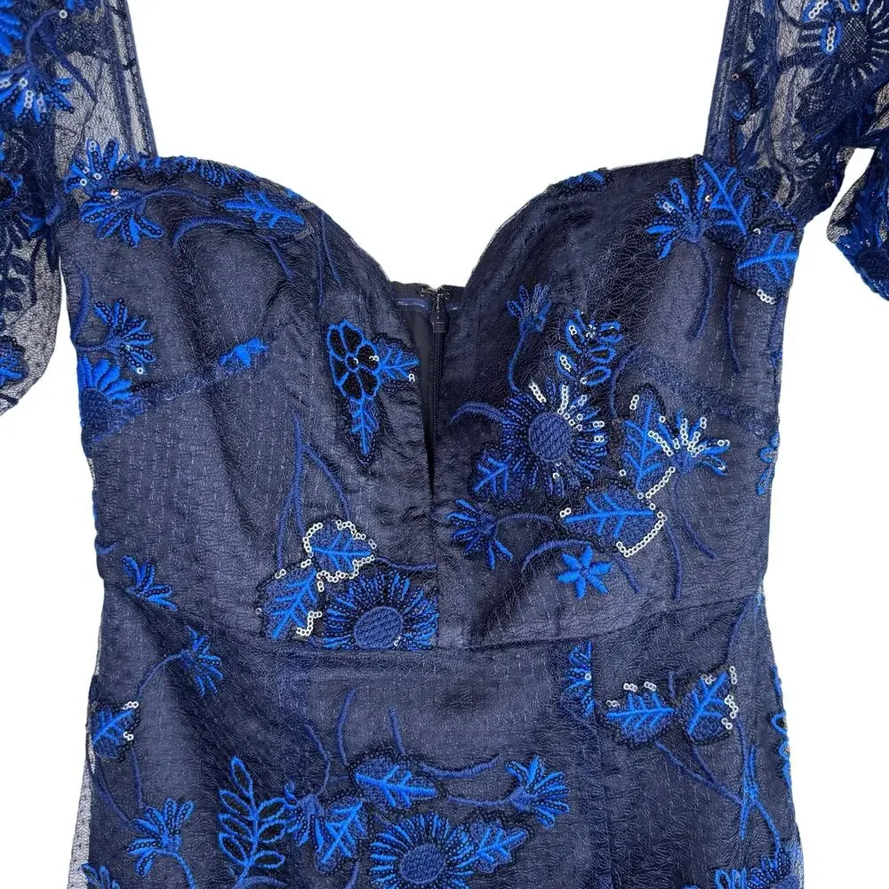ALICE MCCALL Mystery Dress Gown Off Shoulder Ruffle Navy Ocean Blue US 4 - Picture 6 of 10